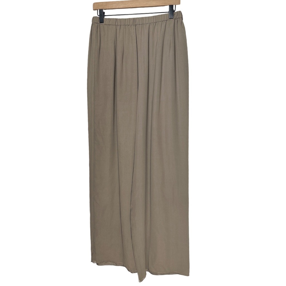 Marian Clayden 100% Silk Wide Leg Elastic Waist High Rise Pants Taupe Brown Sz M